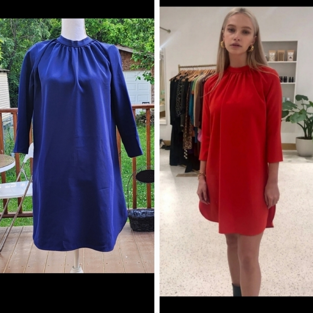 JILL LINDSEY Logan  Navy Blue Quarter Sleeves Relaxed Fit Mock Neck Mini…